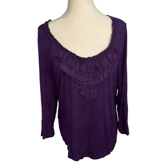 Forever Fashion Petite Solid Purple Round Neck Ruffle quarter Sleeve Spandex PXL - Picture 2 of 9